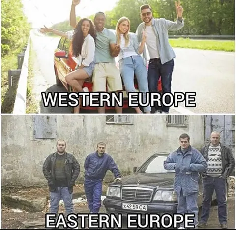 Squatting Slavs in tracksuits