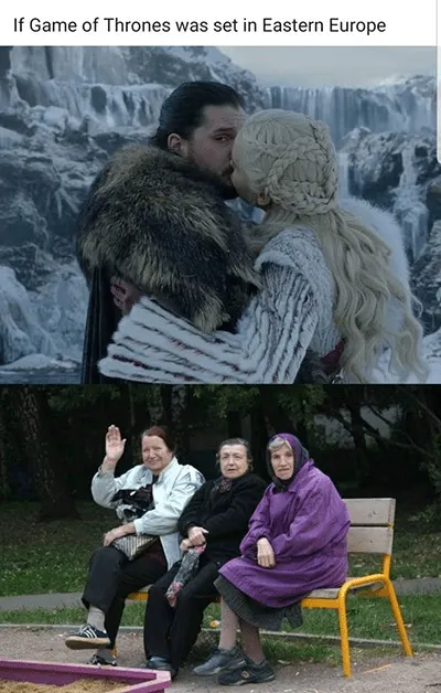Squatting Slavs in tracksuits