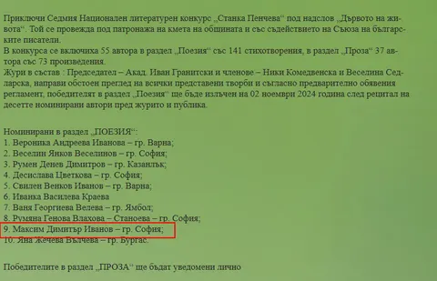 Results of the Stanka Pencheva competition